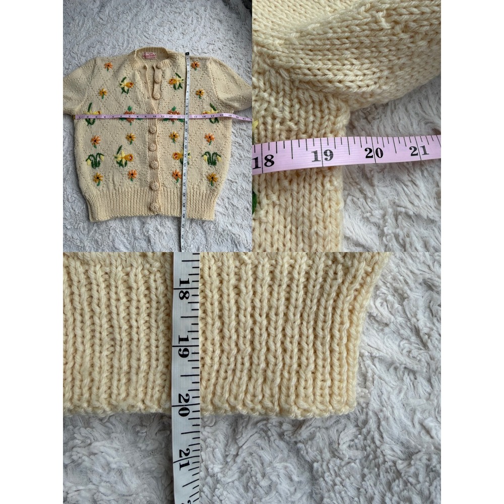 Vintage 50s Hand Knit Wool Floral Embroidered Cardigan Sweater Made in England - Picture 5 of 12